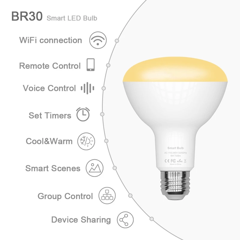 

Smart WiFi Light Bulb, BR30 Dimmable 2700K to 6500K, E26 720Lm 9W LED Lamp Work with Alexa/Google Assistant/IFTTT