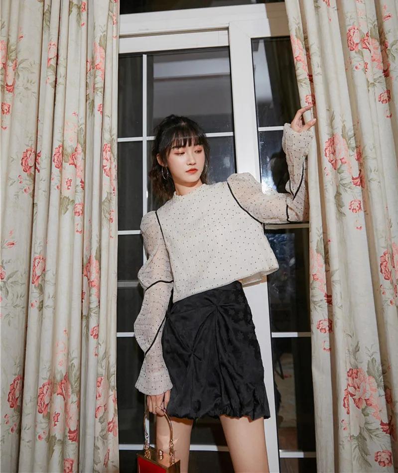 LANMREM 2020 round neck full sleeves autumn polka dots fashion women clothes white color pullover shirt female top WN