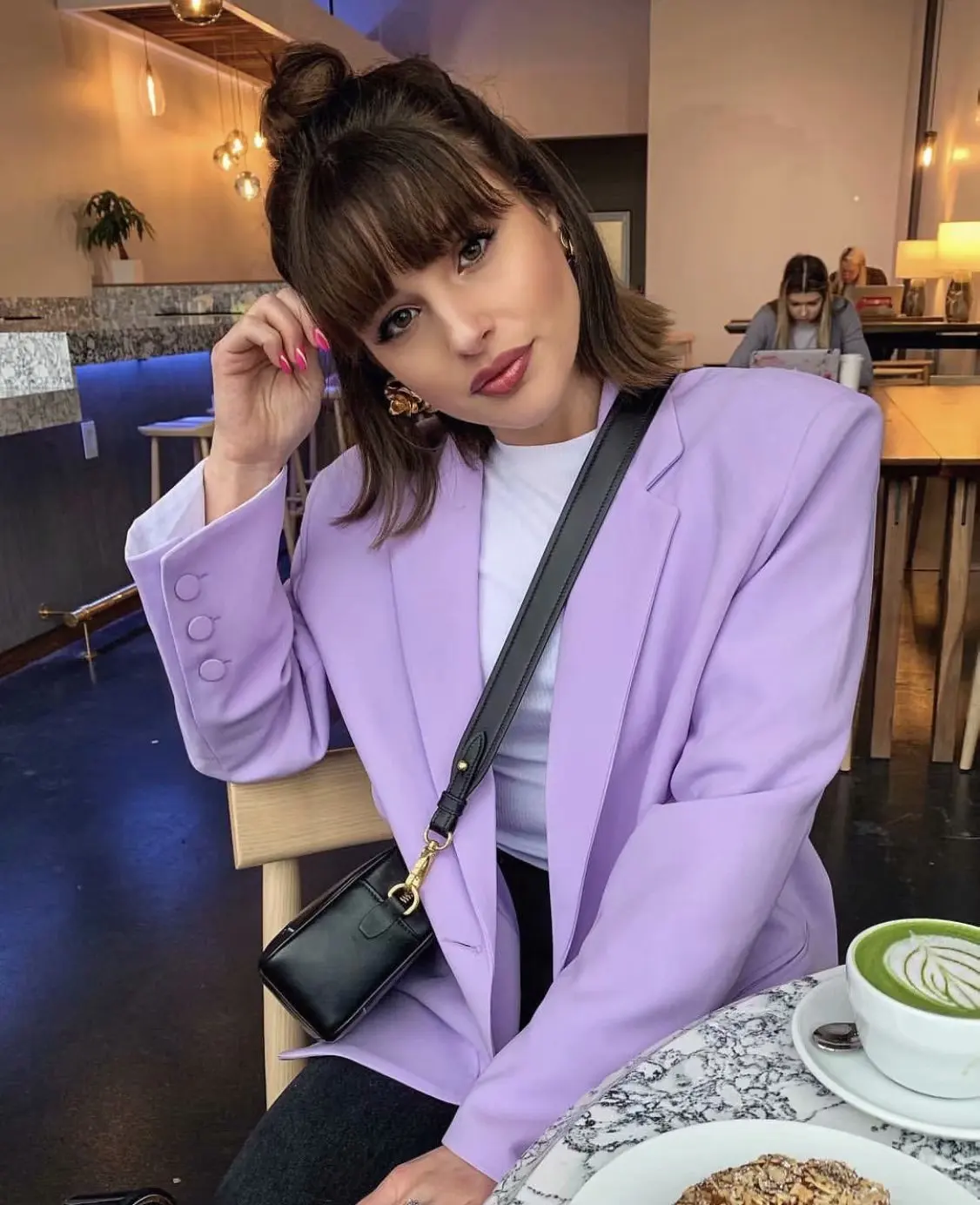 ANSFX Stylish Lavender Boyfriend One Button Blazer Pockets Notched Collar Long Suit Coat Outerwear Tank Top Shorts 3 Pieces Sets