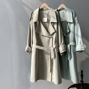 

Womens Trench Coat Spring Autumn 2020 New Solid Color Thin Loose Long Tie Windbreaker Coat Women 672