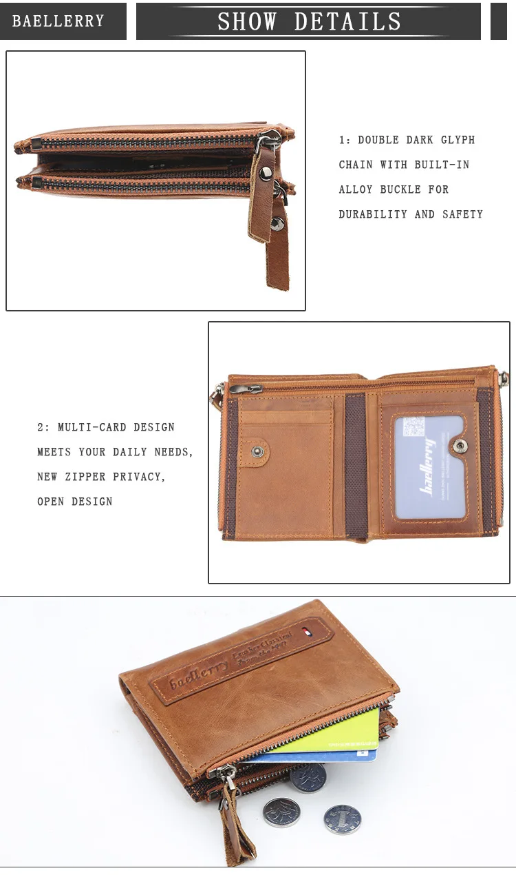 Baellerry Men Wallets Genuine Cow Leather Double Zipper Card Holder High Quality Male Purse Vintage Coin Holder Men Wallets