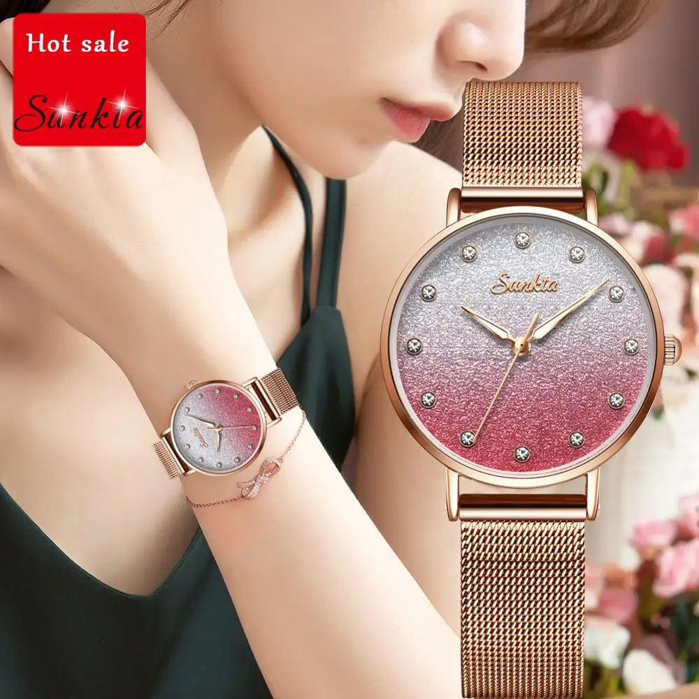 SUNKTA New Watch Ladies Ultra-thin Mesh Belt Woman Diamond Waterproof Clock Quartz Female Girl | Наручные часы