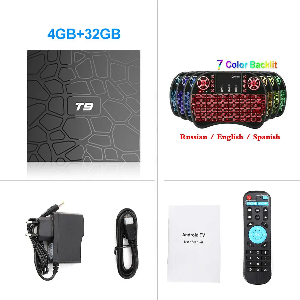 4G32G Backlit i8 Новейший 4 ГБ ОЗУ 64 Гб ПЗУ Android 9,0 ТВ приставка T9 RK3318 четырехъядерный USB 3,0 4K телеприставка 2,4G/5G двойной wifi 2G16G Смарт медиаплеер - Цвет: 4G32G Backlit i8