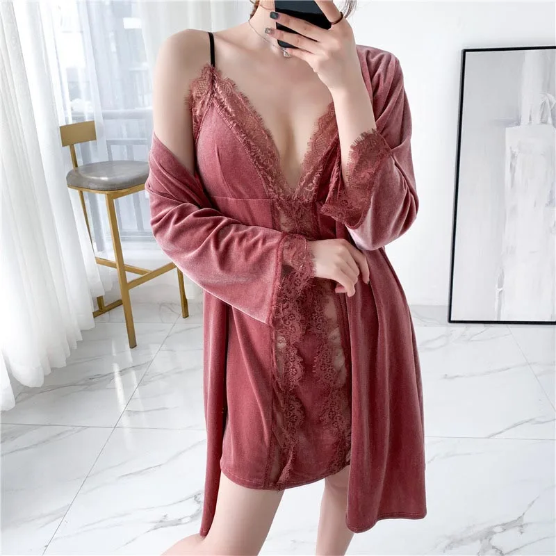 Pink Зимний женский халат и халат, комплект из 2 предметов, Золотая Бархатная одежда для сна, сексуальное кружевное белье, халат с длинным рукавом, Женская домашняя одежда - Цвет: Pink