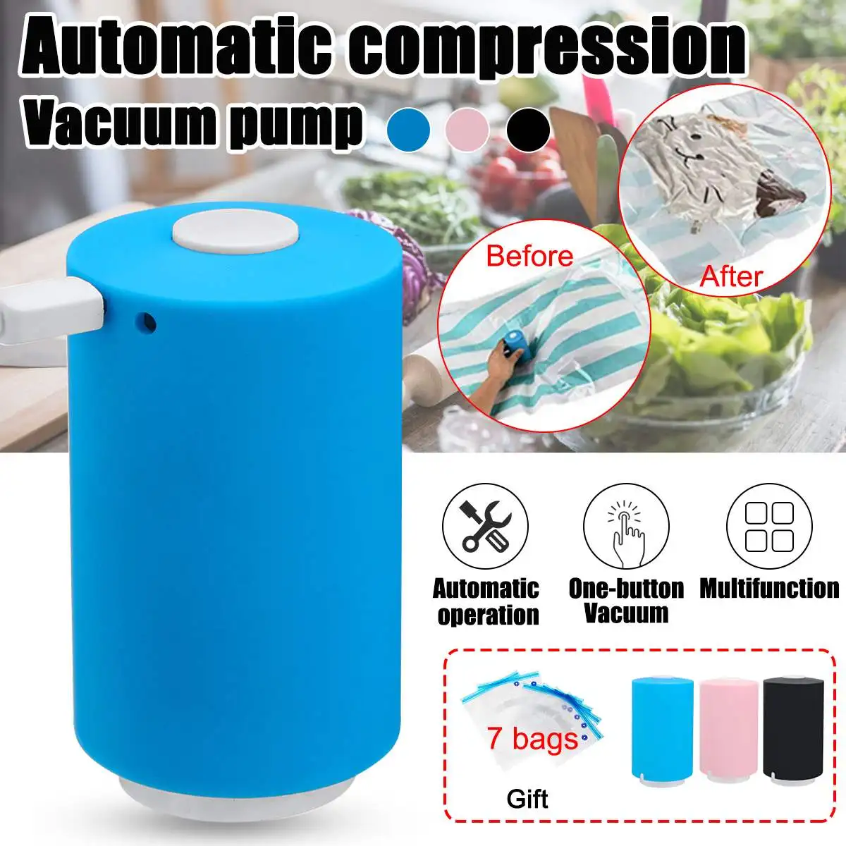 3 цвета, мини перезаряжаемый Автоматический Вакуумный компрессионный мешок, герметик, всасывающий насос, закуска, свежая еда, стержень, Полоска, кухонный инструмент с зажимом