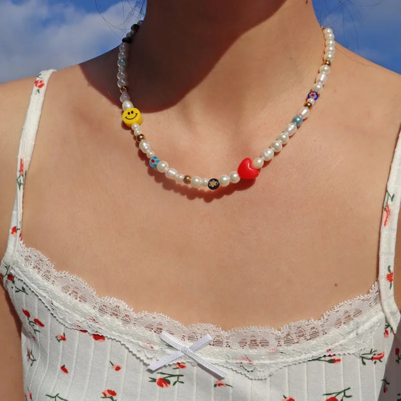

Acrylic Flower White Imitation Pearl Red Love Yellow Smiley Resin Necklace Elegant Pendant Y2K Style 2021 Trend Party Jewelry