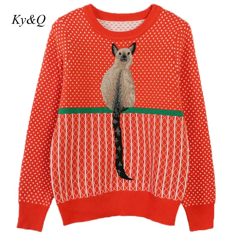 Runway Brand Designer 2019 Winter Women Squirrel Embroidery Red Pullover Loose O-neck Long-sleeved Knit Top Sweater Christmas | Женская