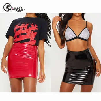 

Sexy Women Fashion Skirt Casual Solid Color High Waist PU Skirts Bodycon Slim Tight Hip Mini Short Skirt jupe femme