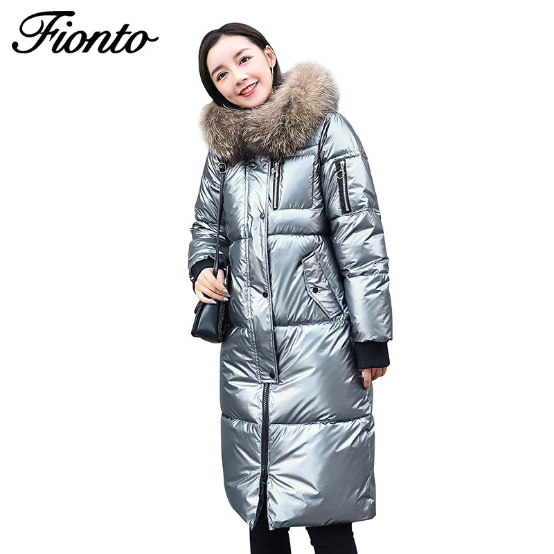 

Fashion Causal Glossy Silver Down Jackets Winter Women's Long Fur Collar Hooded Coat Parkas Thick Winter Jacket Women Outwear