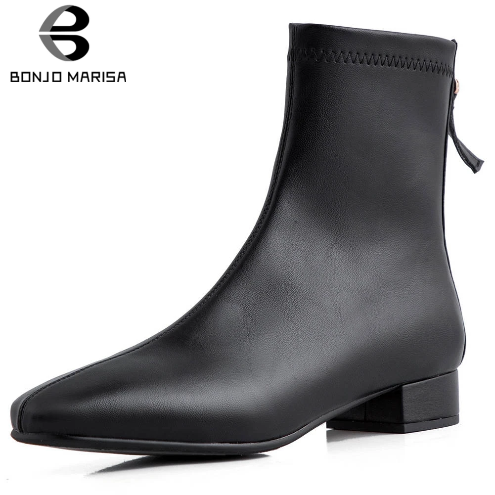 

BONJOMARISA New 33-43 Brand Square Toe Booties Ladies Quality Ankle Stretch Boots Women 2020 Casual Low Heel Shoes Woman