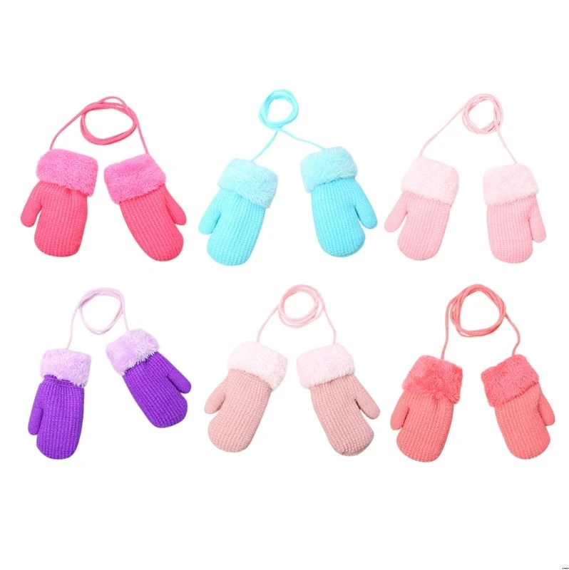 Winter Outdoor Baby Boys Girls Knitted Gloves Warm Rope Full Finger Mittens Gloves for Children Hanging neck Kids