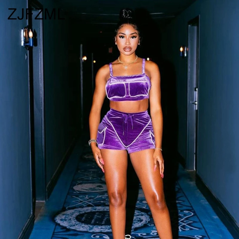 

Holographic Striped Velvet Two Piece Shorts Set for Women Spaghetti Strap Crop Tops + Bodycon Short Pants Sexy Club Outfits