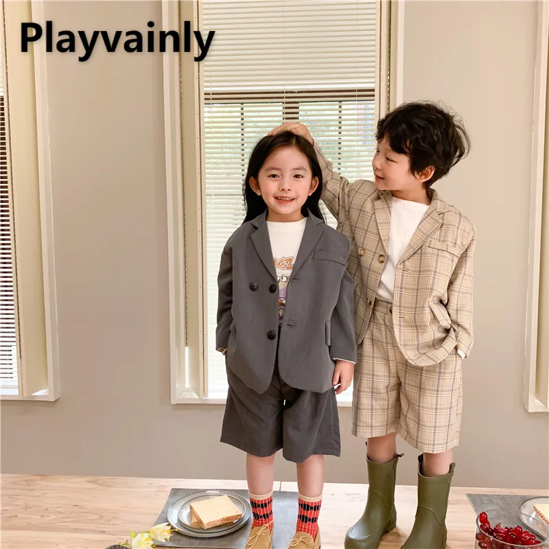 2021 Spring New Boy Girl Sets Baby Loose plaid suit pantsuit Fashion 2PCS Outfits Suit Clothes E22123 | Детская одежда и обувь