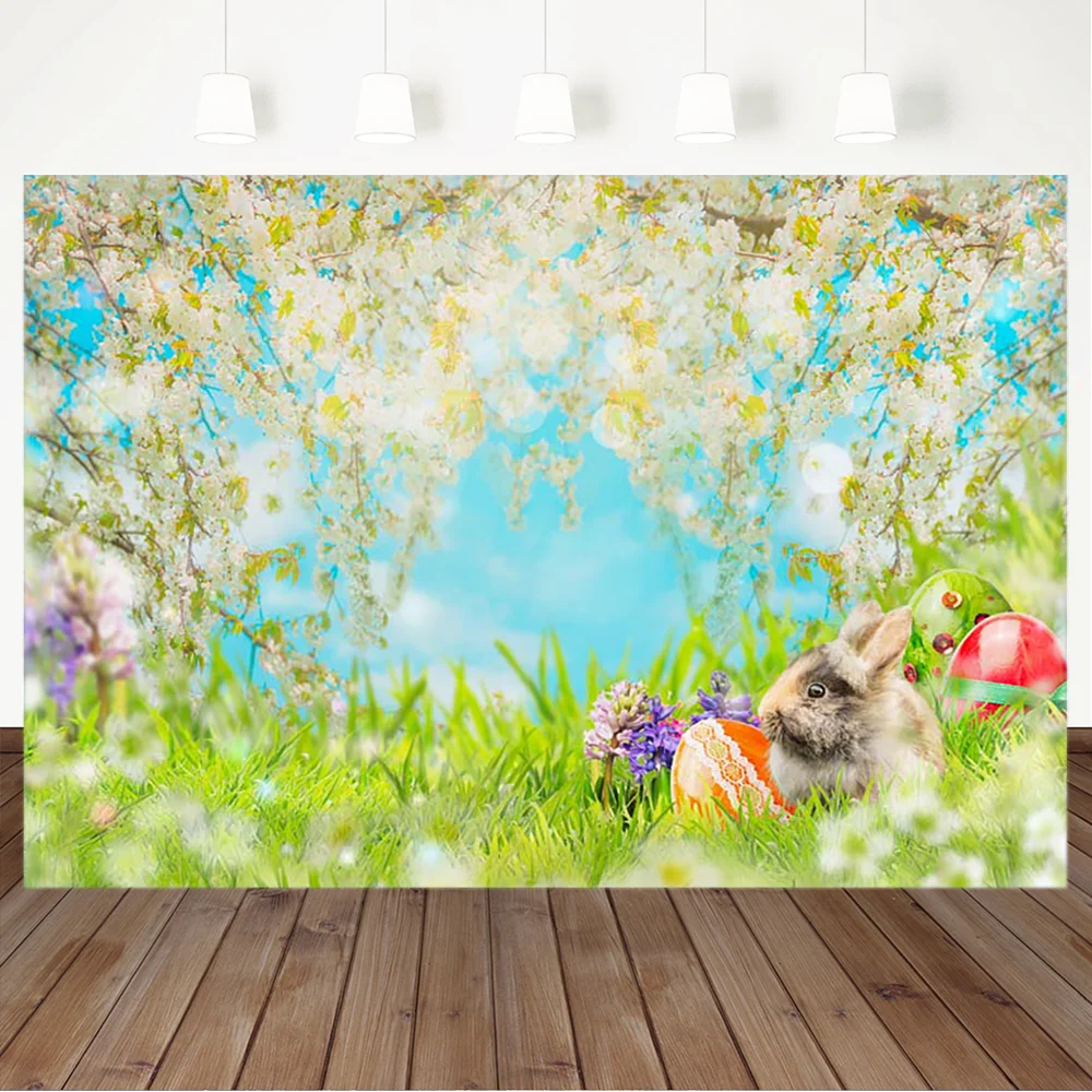 

Spring Easter Eggs Backdrop Rabbit Bunny White Flowers Tree Photography Background Blue Sky White Clouds Photography Backdrops