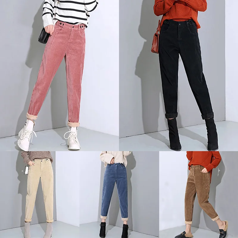 Женские брюки корейские розовые шаровары с эластичной талией осенние зимние вельветовые брюки повседневные черные брюки размера плюс брюки S-5XL