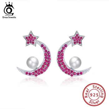 

ORSA JEWELS S925 Silver Simulated Pearl Stud Earrings Green & Red Color Cubic Zircon Moon Stars Party Fine Earring Jewelry SE255