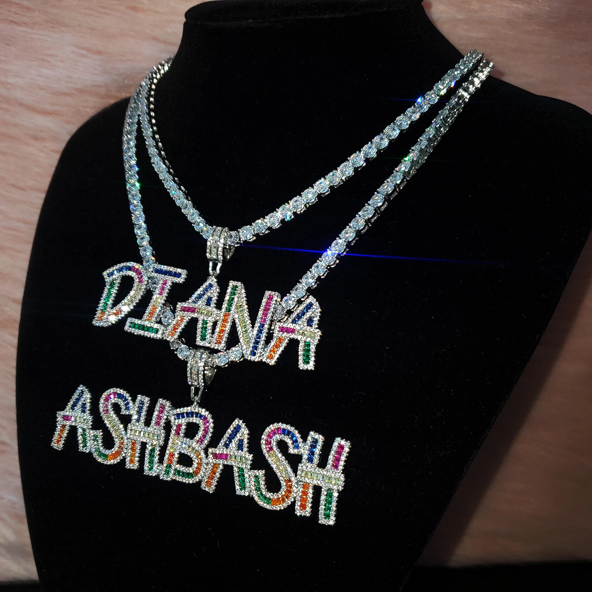 Custom Name Colorful Icy Letters Pendants Necklaces Women's Nameplate With Tennis Chain Personalized Birthday Gifts for Her