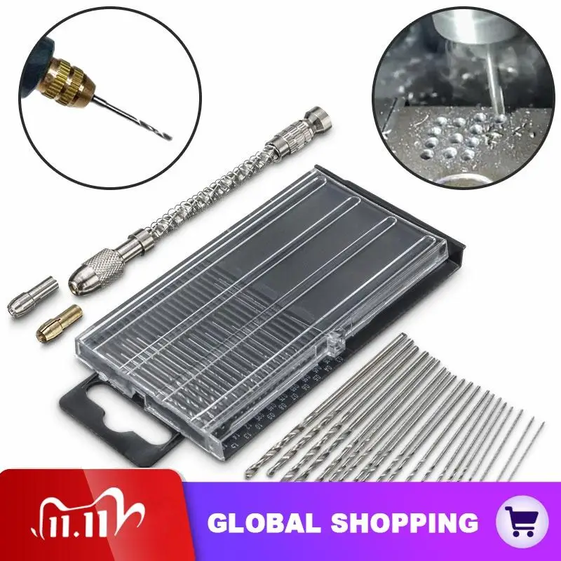 

Micro Mini Hand Drill Woodworking Drilling Tool with Chuck and 20pcs 0.3-1.6mm Straight Shank Twist Drill Bit Set