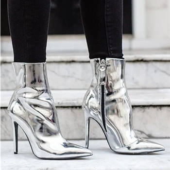 

Sexy Stiletto High Heels Ankle Boots Fashion Patent Leather Mirror Motorcycle boots Runway Spring Winter Ankle Boots Shoes Woman