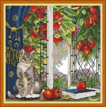 

Cat on the windowsill Printed Canvas DMC Counted Fabric Chinese Cross Stitch Kits printed Cross-stitch set Embroidery Needlework