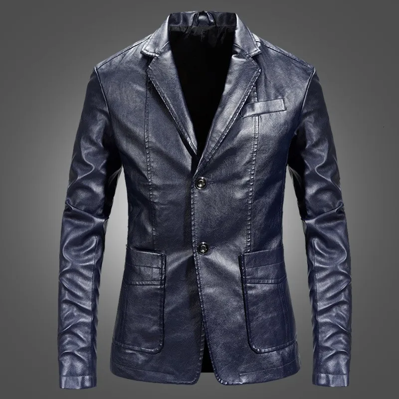 Smart casual мужской лацкан искусственная кожа блейзер сезон весна осень мода с длинным рукавом однобортный Карманы мужской размера плюс куртки