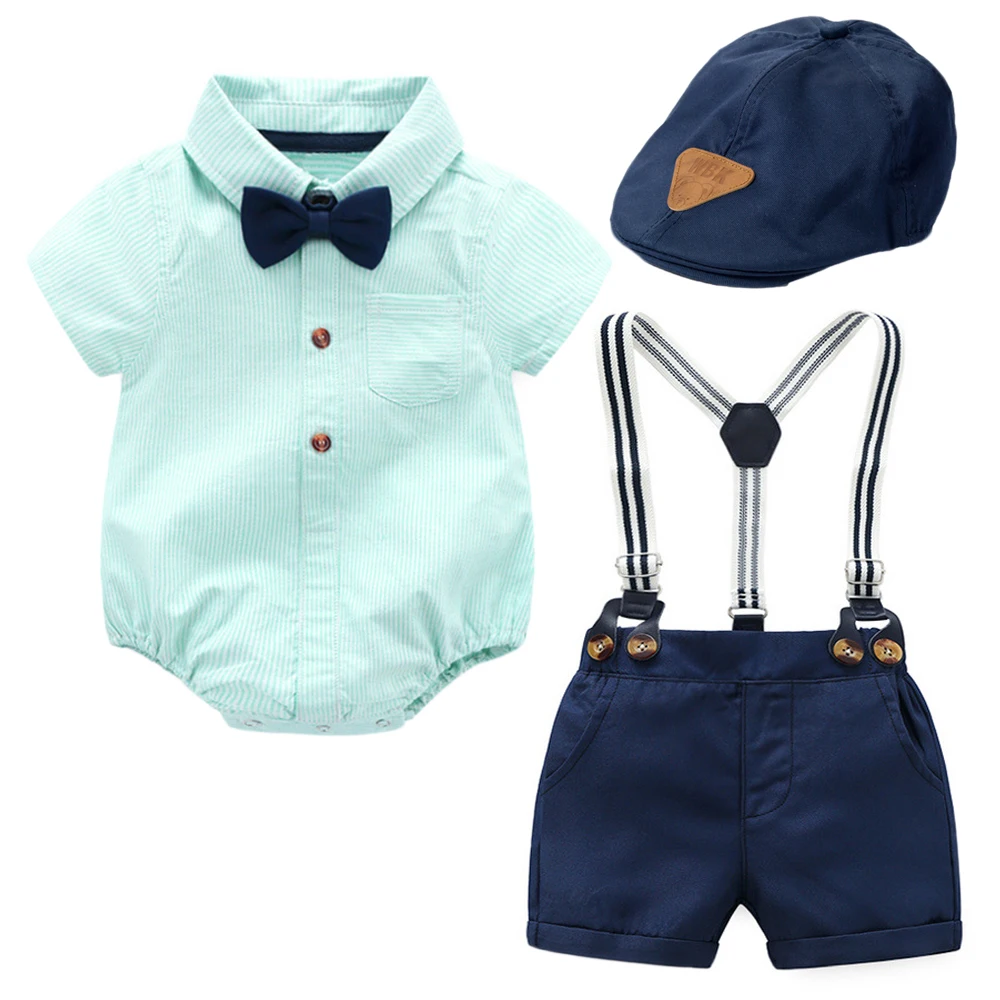 Baby Boy Clothes Romper + Bow + Navy Shorts + Suspenders Belt Sets Infant Clothing Short Outfit