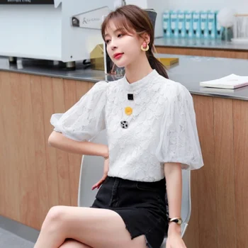 

Women's Tops 2020 Summer New Lace Top Little Fairy Short Sleeve Sweet Temperament High-end Chiffon Shirt Blouse Women