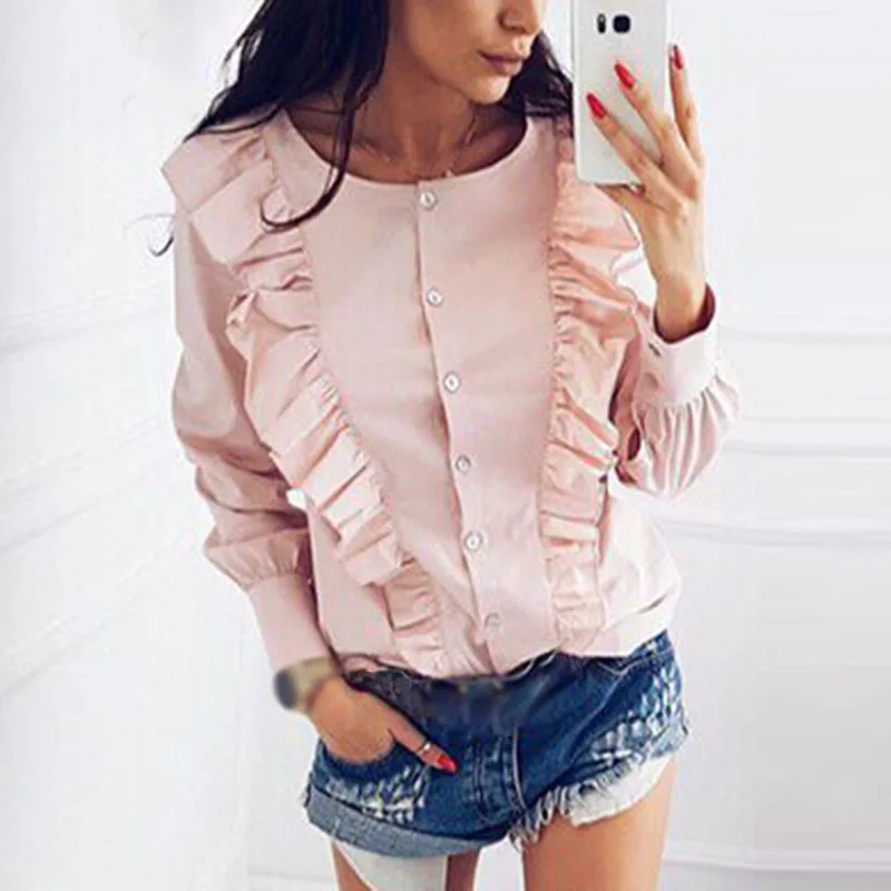 Женские Летние повседневные топы гофрированные рубашки с длинными рукавами однобортные топы с круглым вырезом на пуговицах Blusa Feminina