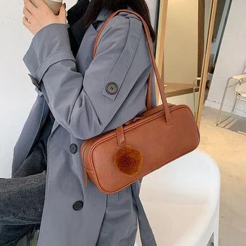 

Large Capacity Women's Shoulder Bags PU Leather New Trend Handbag Daily Bag With Fur Ball Decoration Black Yellow Beige Brown