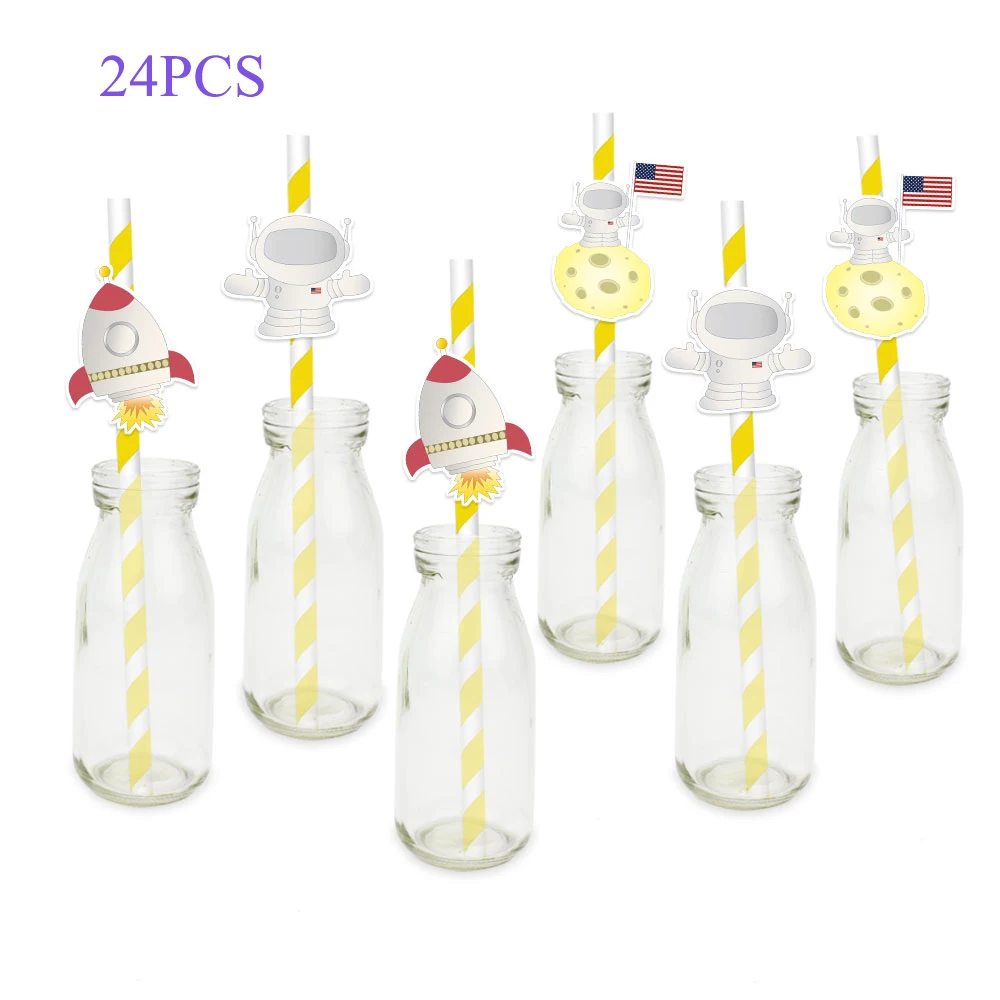 straws C 24PCS Космос астронавт вечерние принадлежности приглашения подарочная коробка баннер соломенная Подарочная сумка торт Топпер бутылка для воды День рождения украшения - Цвет: straws C 24PCS