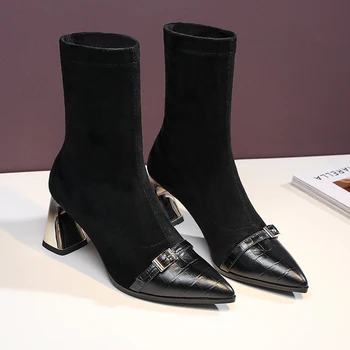 

Women's genuine suede leather patchwork high heel ankle boots pointed toe slip-on elegant ladies auutmn black slim short booties