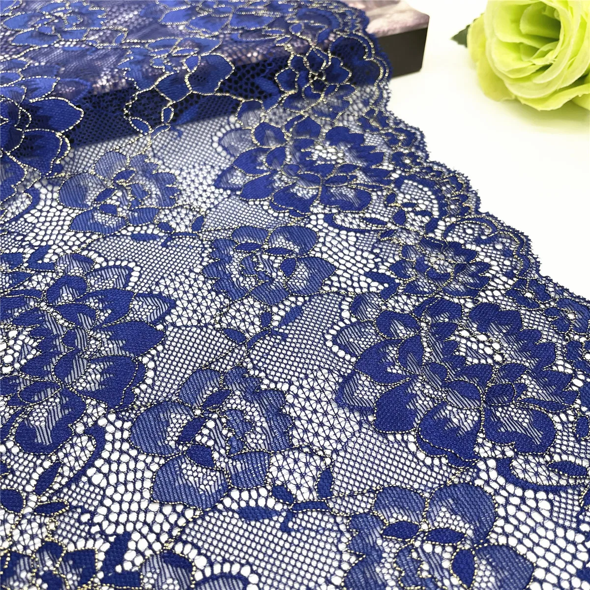 3M/lot Width 8 1/4in 21cm Blue With Gold Elastic Stretch Lace 2