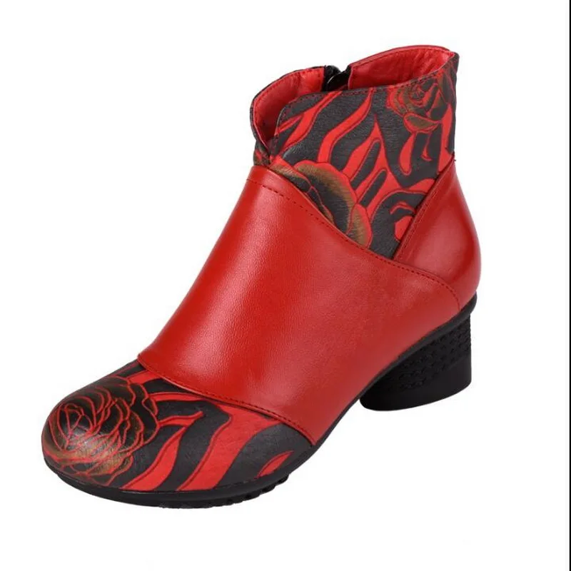 Autumn Winter New Retro Genuine Leather Flat Ankle Boots  Thick Heel Female Casual Shoes Women Snow Boots Mother Warm Boots