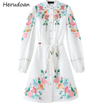 

Herudoan Autumn Fashion Runway Designer Dress Women Lantern Sleeve Elegant Floral print Belt Shirt style Vintage Mini Dress