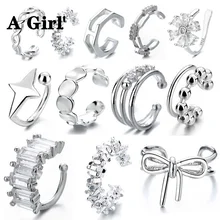 A Girl' 1-piece Multilayer Line Zircon Clip On Earrings for Women Geometric Silver Color Ear Cuff Without Piercing Jewelry