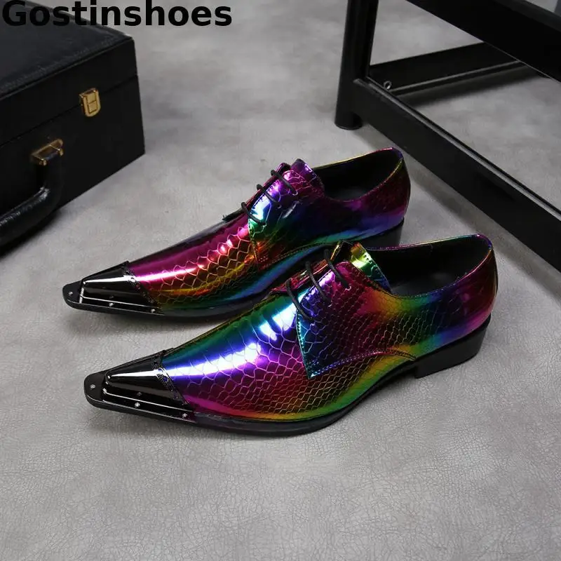

Fashion Shining Shoes Men Genuine Leather Snake Skin Printed Colorful Men Derby Shoes Pointed Iron Toe Head Party Wedding Shoe