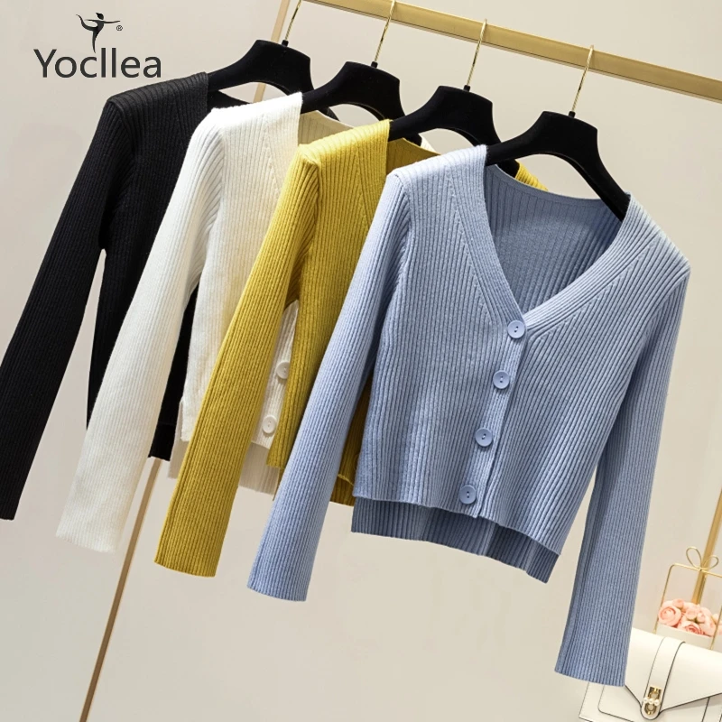 

Women Knitted Cardigan Coat 2019 Autumn Winter Sexy V-Neck Long sleeve short Knitted Sweater coats Female Casual Tops