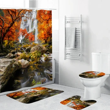 

Natural Scenery Shower Curtain Tree and Stream Polyester Fabric 4 Piece Set Bathroom Decor Toilet Mat Pad