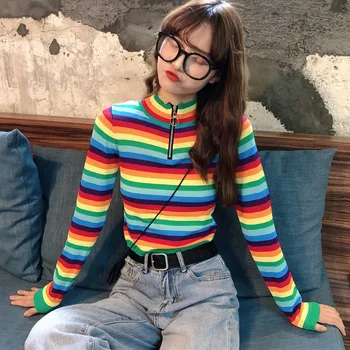 

EFINNY Women's Sweaters Kawaii Ulzzang College Candy Color Stripes Sweaters Fashion Sweater Female Harajuku Clothing For Women