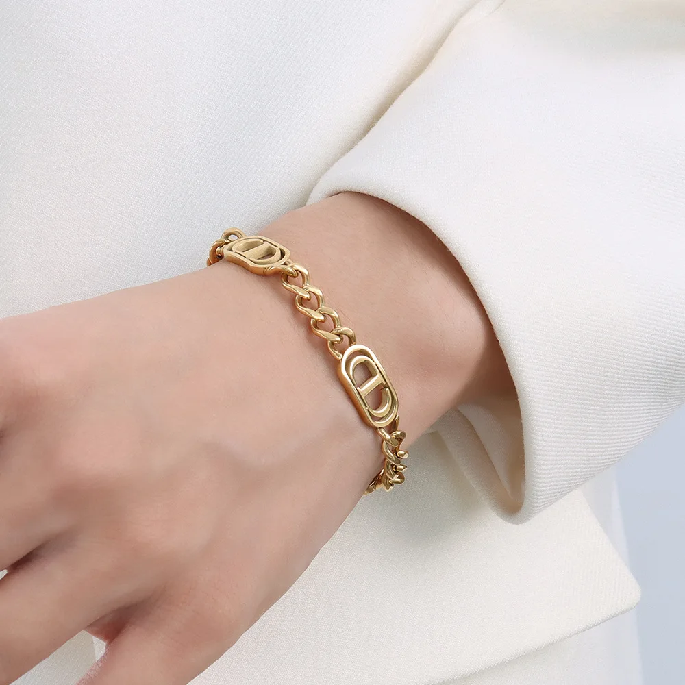 YAONUAN Hiphop Titanium Steel Gold Plated Bracelet For Women Double D Thick Line Design Chain Bracelet 2021 Trendy Party Jewelry