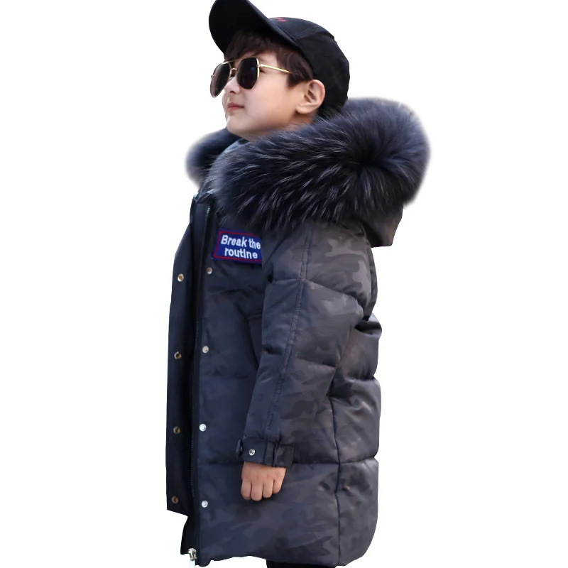 

80% White duck down Raccoon fur collar boys winter down 4-15 years old kids winter jacket kids Thick warm long coat Windbreaker