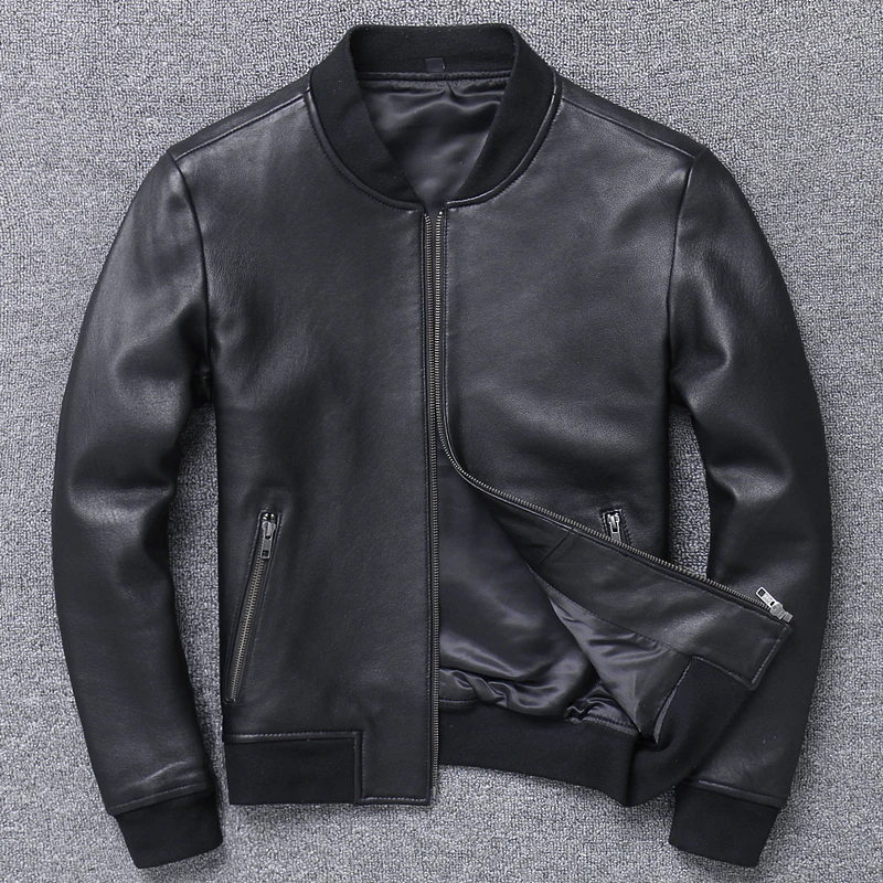 Jaqueta-bomber-masculina-de-couro-de-ovelha-casaco-aviador-preto-slim ...