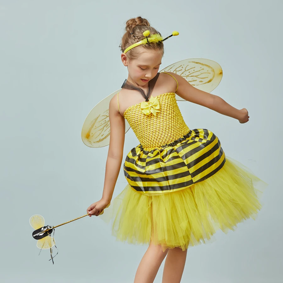 Girls Honey Bumble Bee Fancy Tutu Dress Costume Outfit Kids Fairy Halloween Dress Up Party Insect Animal Clothes Girl Dress (7)