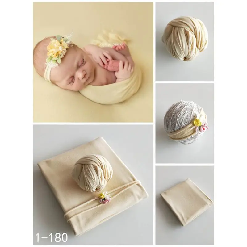 2Pcs/Set Newborn Photography Props Elastic Baby Wraps Linen Blanket with Hat Infant Toddlers Photo Shooting Accessories 5 Colors