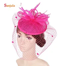 Фуксия льняные Свадебные шляпы с лицевая вуаль перья Fanscinators женские головные уборы для вечерние tocados sombreros bodas H371