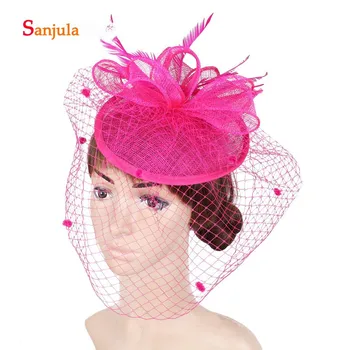 

Fuchsia Linen Bridal Hats with Face Veil Feathers Fanscinators Women Headwear for Party tocados sombreros bodas H371