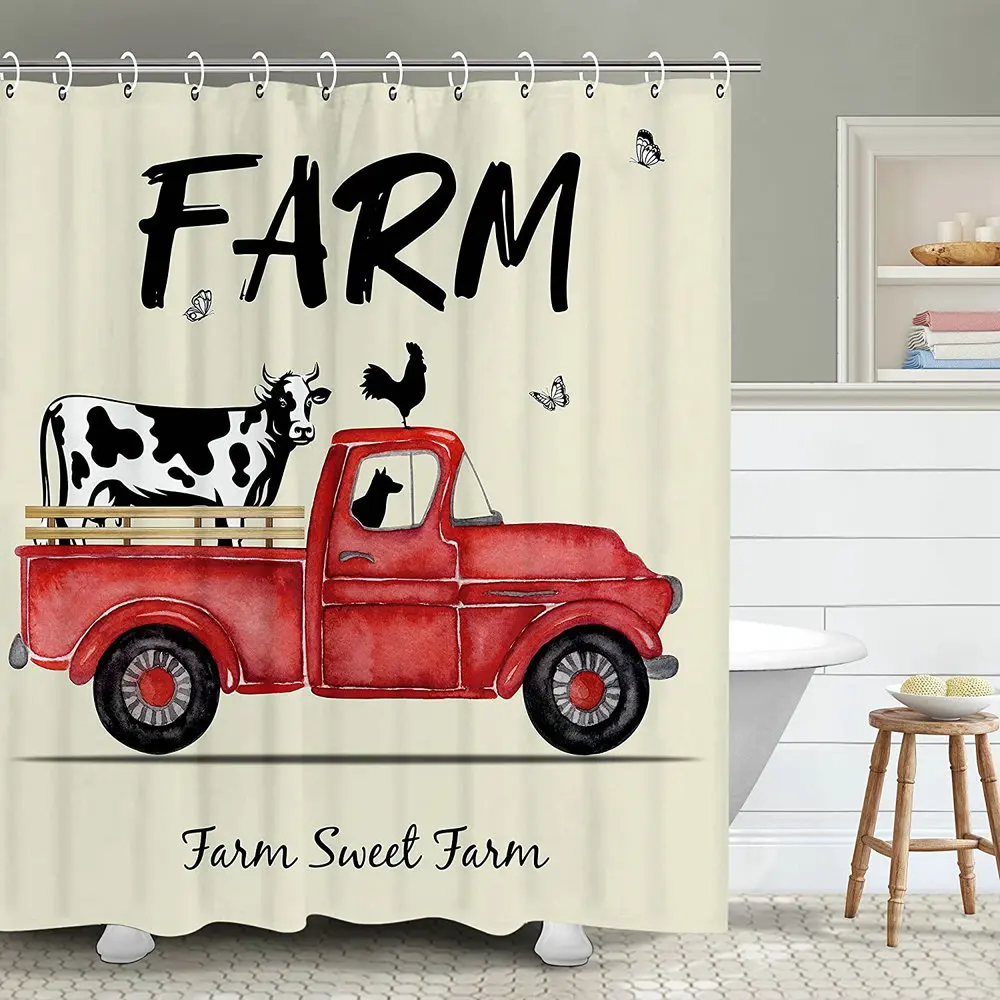 Modern Retro Farmhouse Shower Curtain Cow Chicken Poultry Animal Truck Country Style Kids Bathroom With Hook Polyester Screen