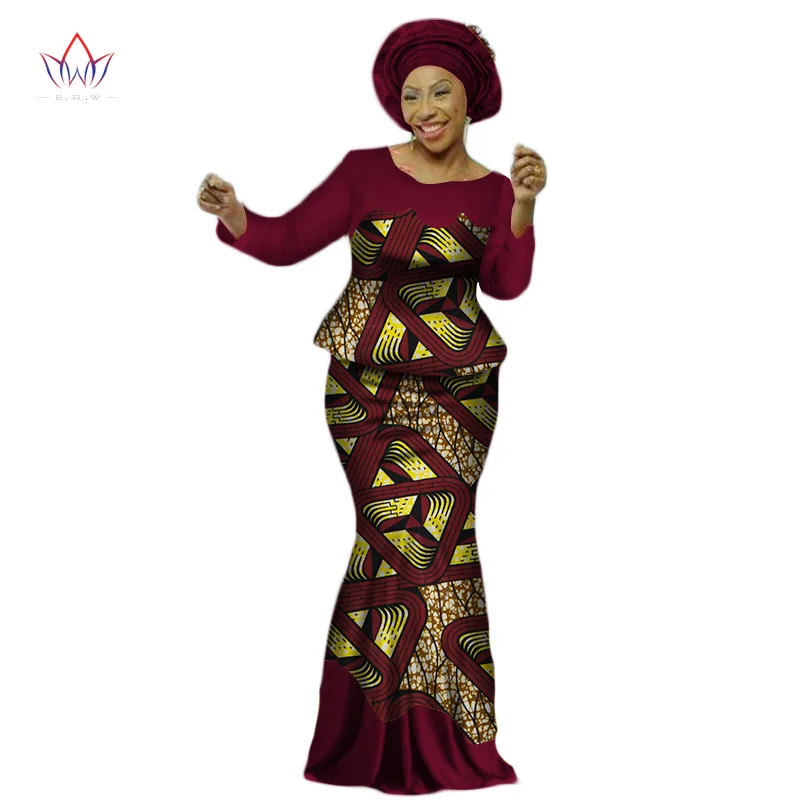 Africa Style Bazin Riche Dresses for Women Two Pieces Set Women Long Sleeve Tops and Long African Print Skirt Plus Size WY2454 - Цвет: 4