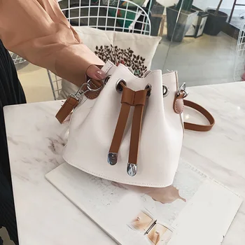 

2020 New Women Fashion Drawstring Bucket Bag Ladies Wild Casual Messenger Bag Female Solid Color Leather Shoulder Bag