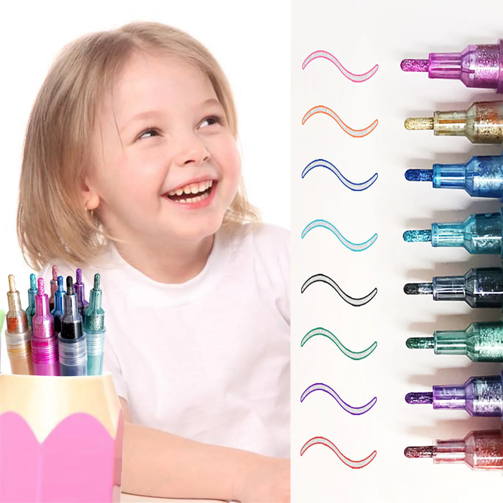 Double Line Fluorescent Paint Markers Glitter Marker Pen 12 Colors Whiteborad Round Toe Hand Account Outline | Канцтовары для офиса